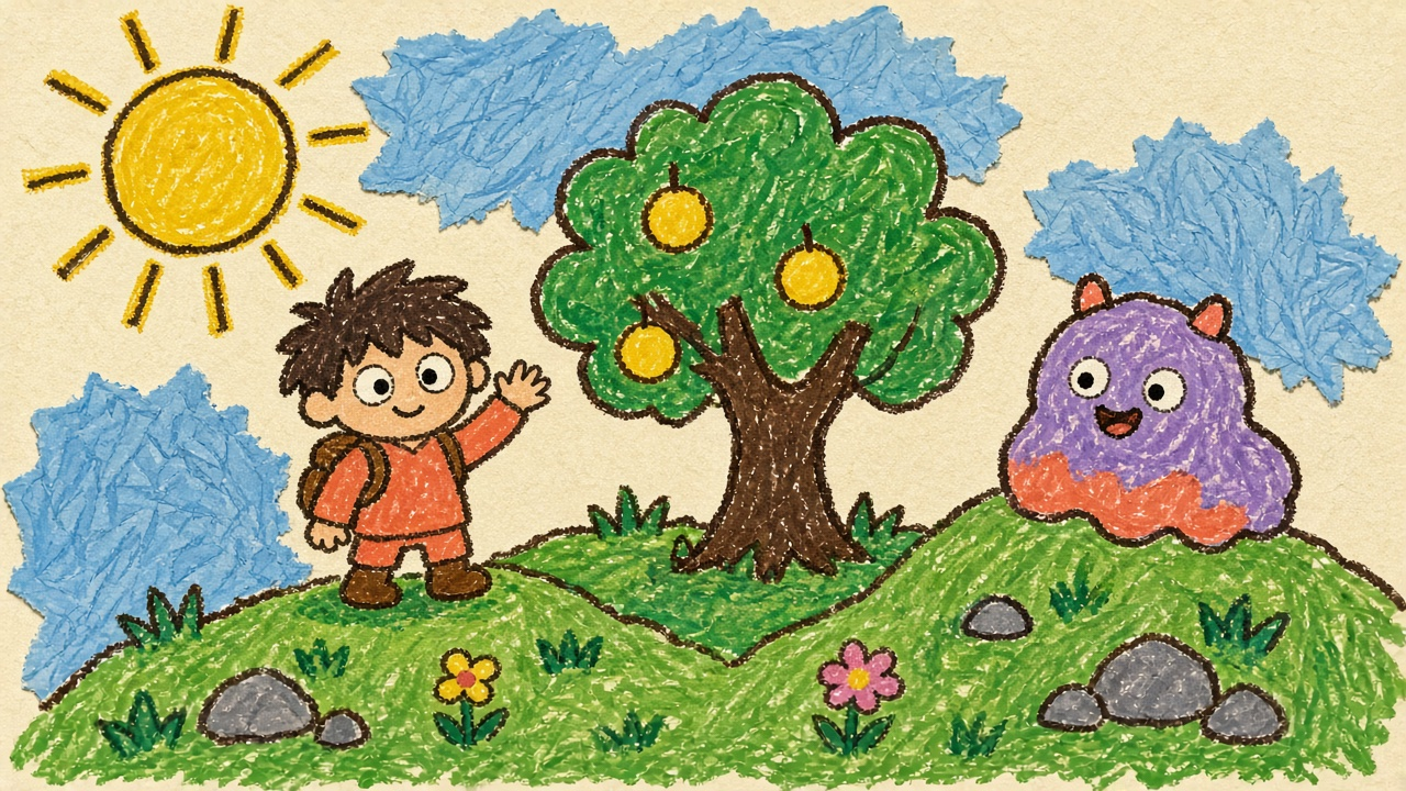 Kid-drawn game world collage: tiny hero, tree, sun, and blob enemy